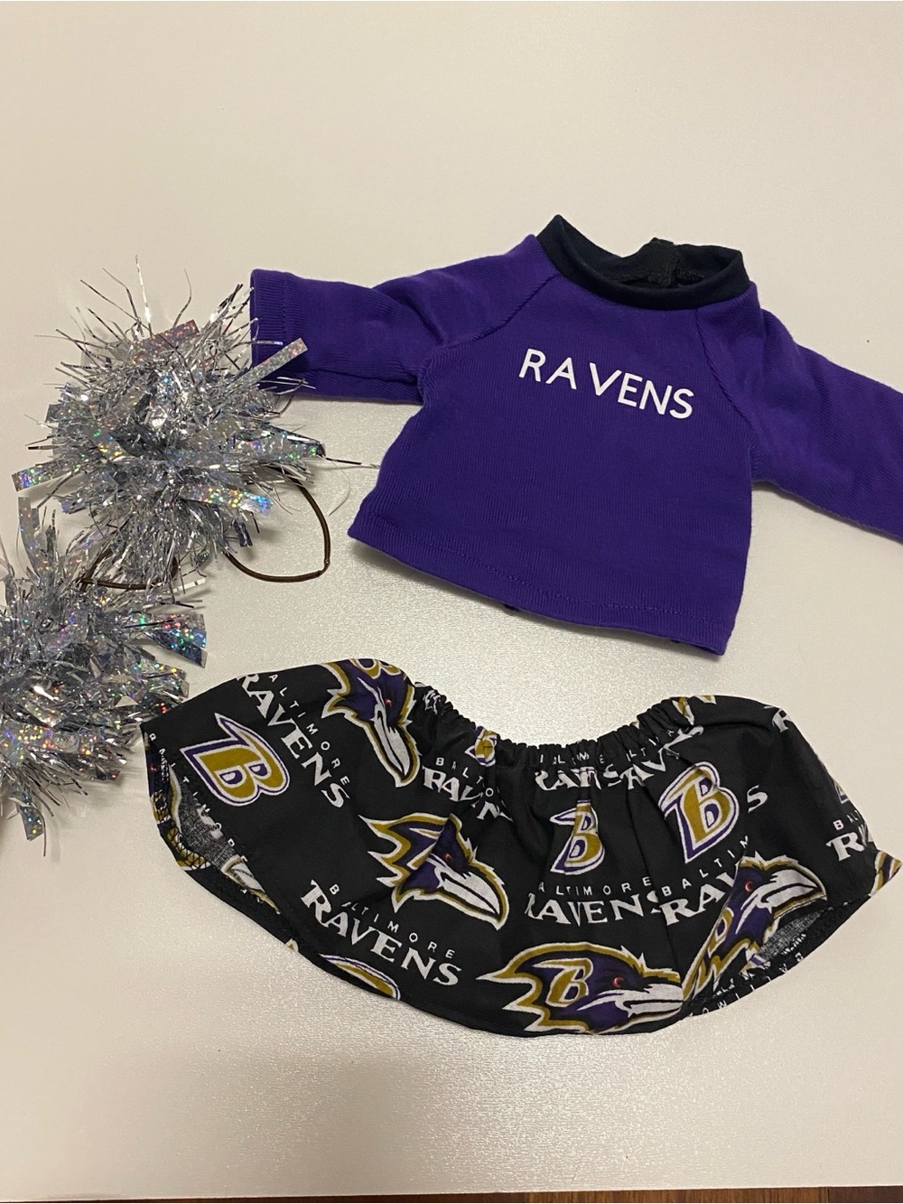 Baltimore Ravens Purple Cheer Outfit for 18 inch doll with pompoms